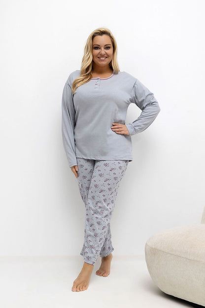 Luxury plus size women's pajamas set by Forever Pink, featuring a long-sleeved blouse and straight-leg trousers in charming floral and polka dot design, perfect for sizes 2XL to 4XL.