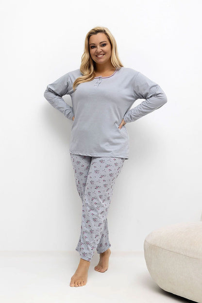 Elegant cotton pajamas set for curvy women by Forever Pink, showcasing a stylish floral and polka dot pattern with a flattering tailored cut for ultimate comfort and luxury.