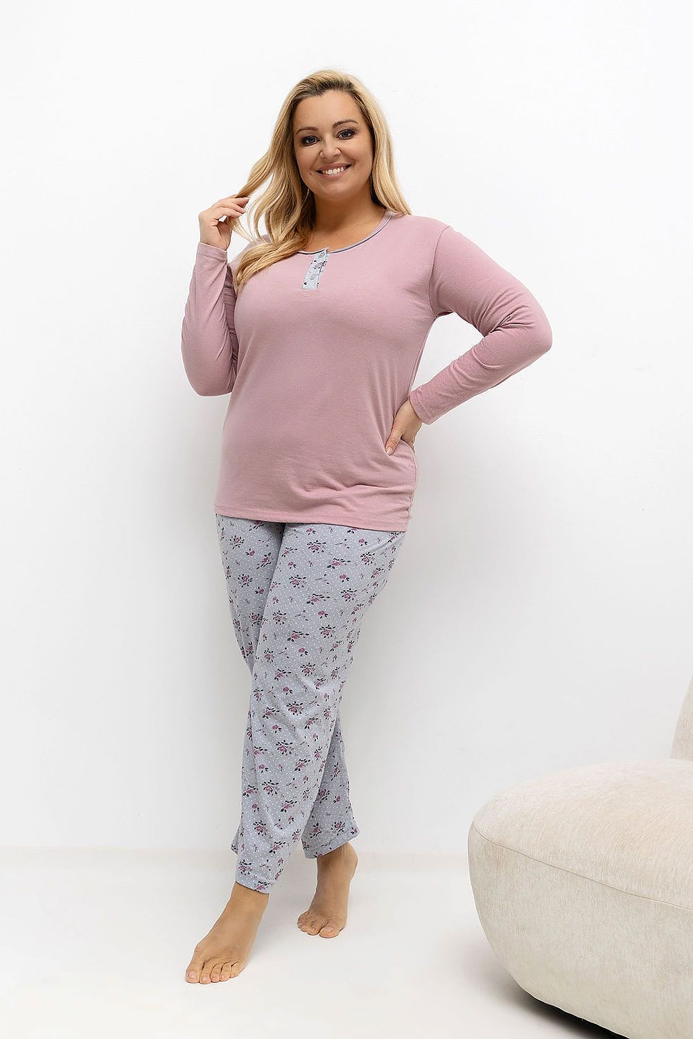 Luxury Plus Size Women's Pajamas Set by Forever Pink featuring floral and polka dot design in soft cotton, designed for sizes 2XL to 4XL.