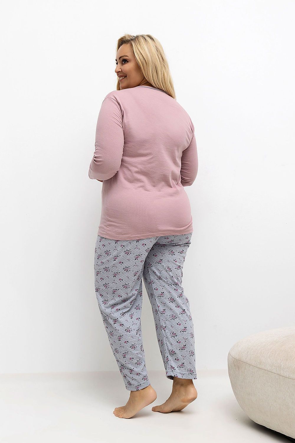 Elegant long-sleeved blouse of Luxury Plus Size Women's Pajamas Set by Forever Pink, showcasing floral patterns and three-button detailing.