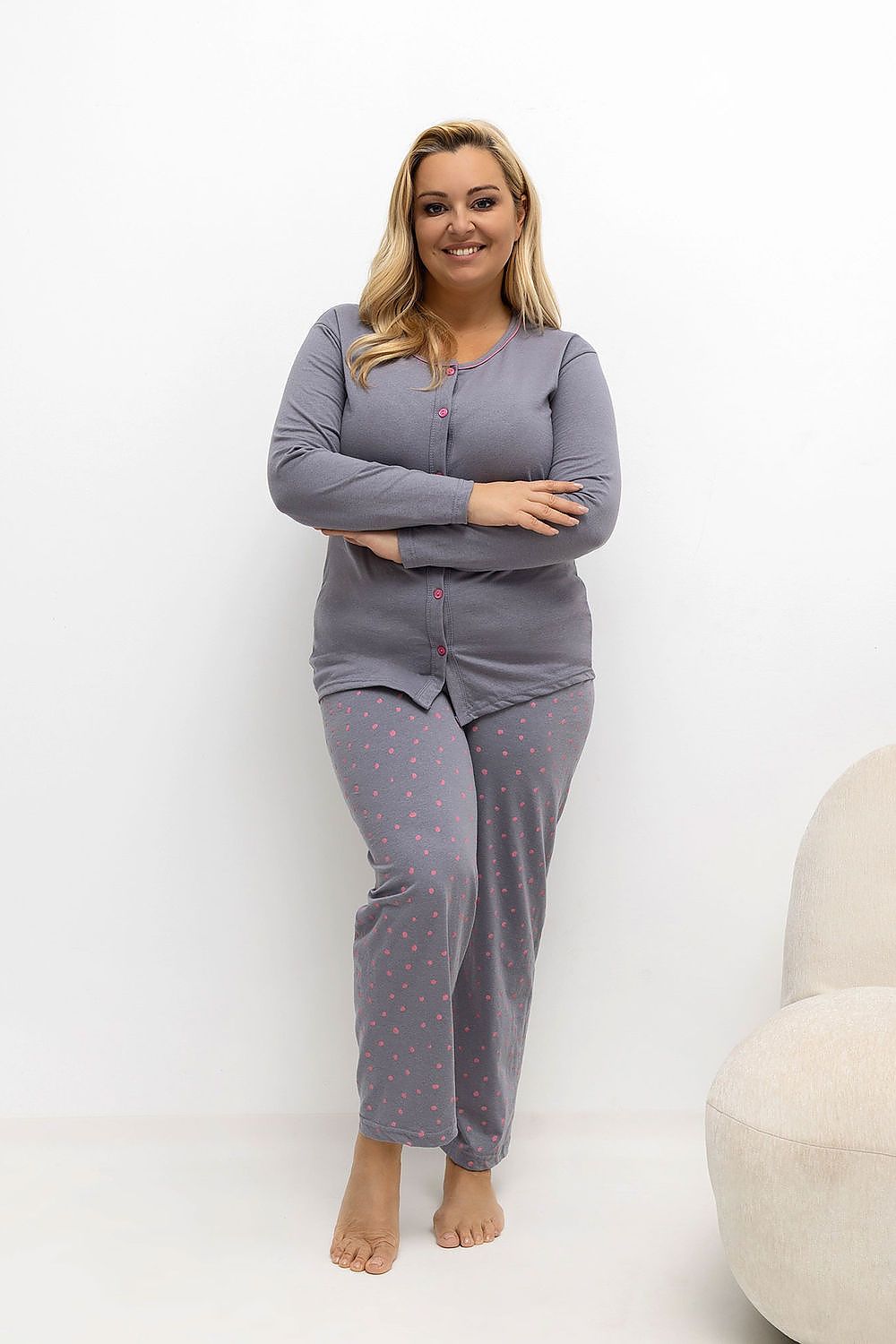 Luxury Plus Size Pajamas Set by Forever Pink featuring an elegant buttoned top and playful polka dot pants, designed for ultimate comfort and style in sizes EU 2XL-4XL.