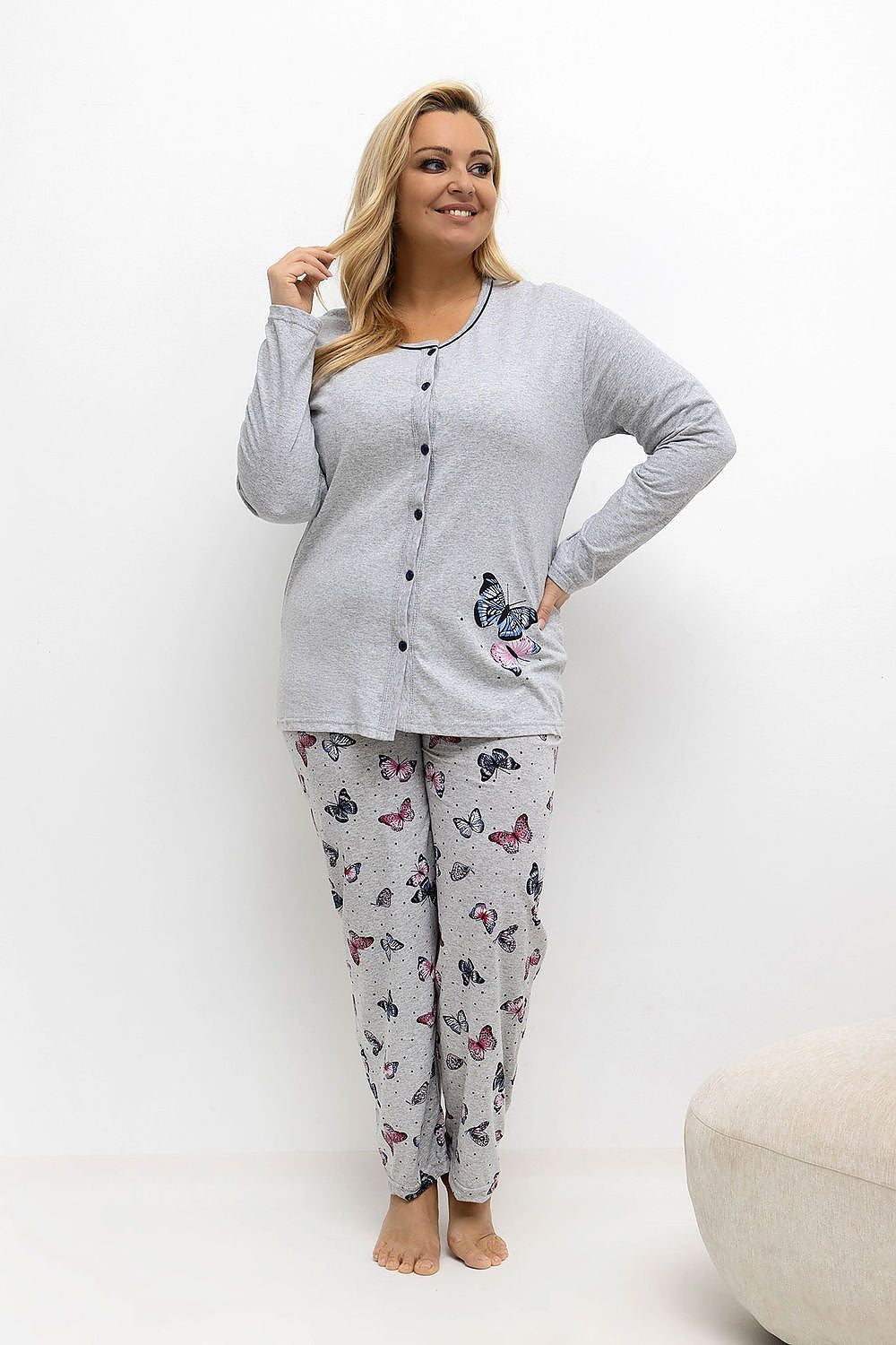 Luxurious Plus Size Pajamas Set by Forever Pink featuring a stylish blouse with butterfly prints, designed for ultimate comfort and elegance in sleepwear.