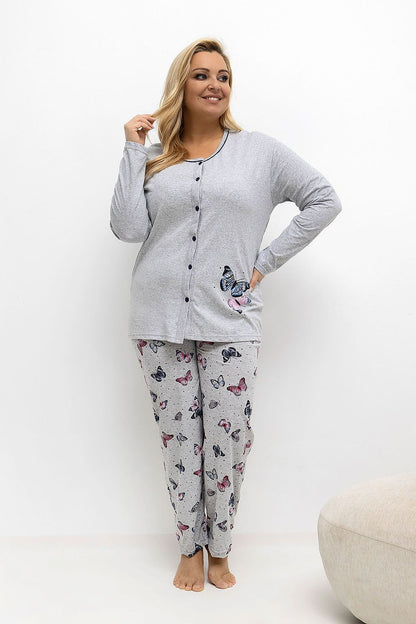 Luxurious Plus Size Pajamas Set by Forever Pink featuring a stylish blouse with butterfly prints, designed for ultimate comfort and elegance in sleepwear.