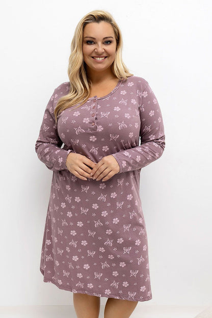Luxurious Plus Size Floral and Butterfly Print Cotton Nightgown by Forever Pink, designed for comfort and elegance, available in sizes EU 2XL to 4XL. Featuring a charming round neckline, long sleeves, and a delicate floral design.