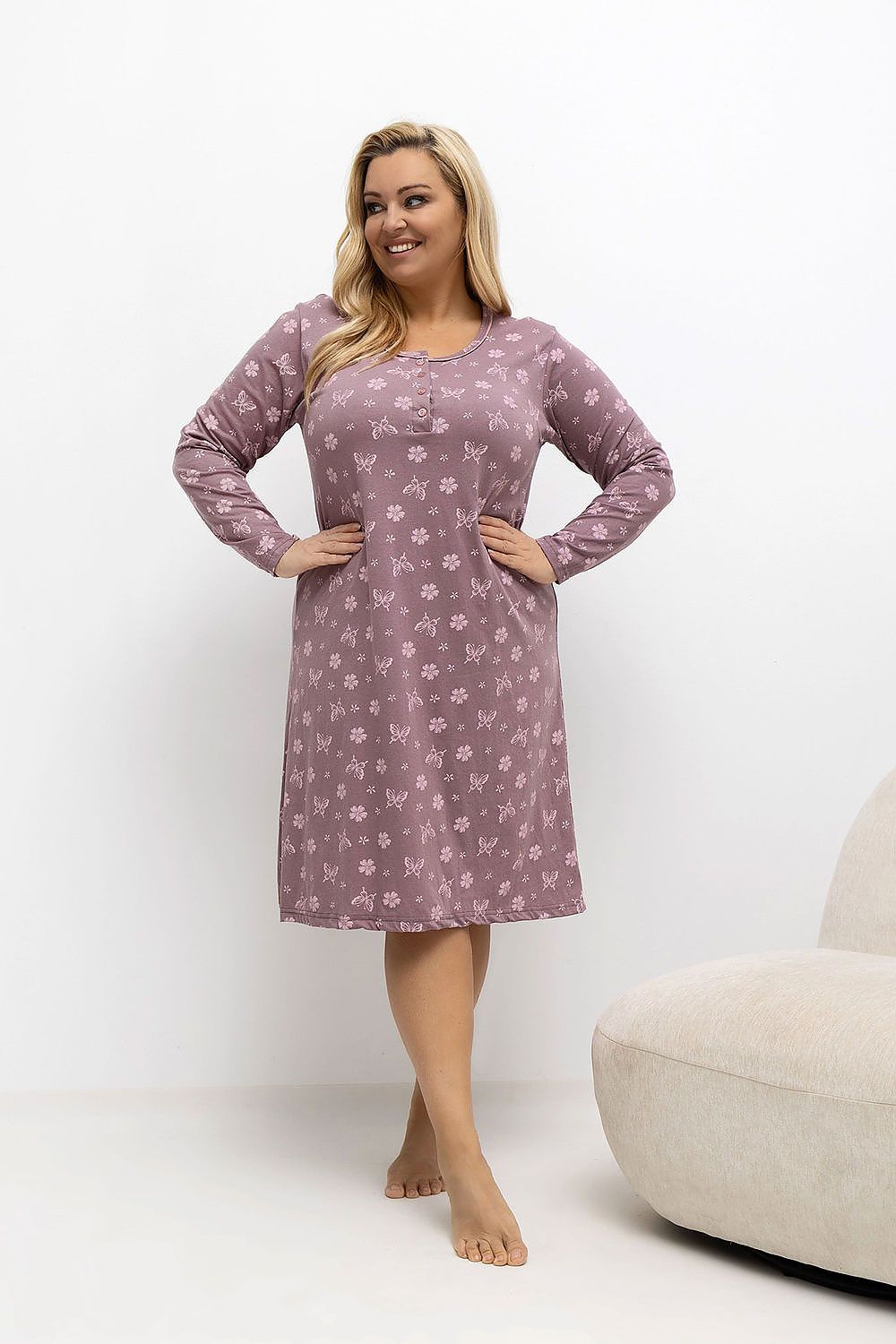 Luxurious Forever Pink plus size floral and butterfly print cotton nightgown, elegantly styled with a round neckline and long sleeves, perfect for chic bedtime wear.
