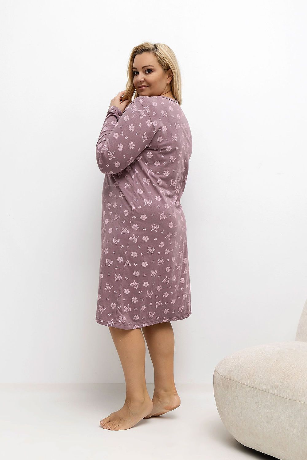 Detail of Forever Pink's luxurious cotton nightgown featuring an intricate floral and butterfly design, showcasing its romantic elegance for plus size women.