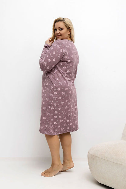 Detail of Forever Pink's luxurious cotton nightgown featuring an intricate floral and butterfly design, showcasing its romantic elegance for plus size women.