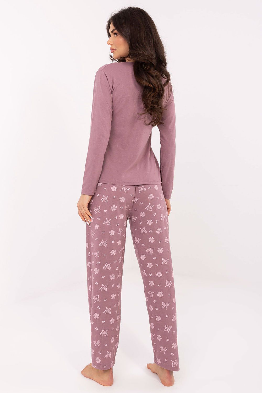 Comfortable pants of Forever Pink's Luxury Women's Cotton Pajamas Set with elastic waistband and feminine butterfly and flower pattern, available in sizes EU M to XXL.