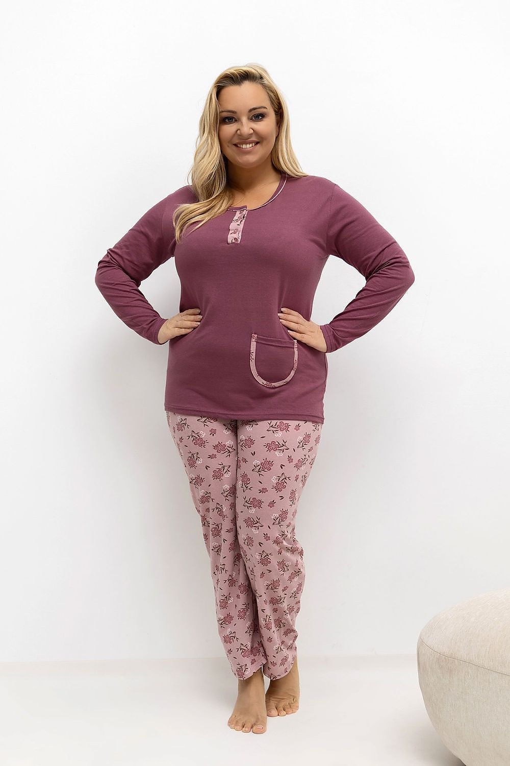 Luxury Plus Size 100% Cotton Pajamas Set for Women by Forever Pink in floral pattern, showcasing long sleeves and elegant design.