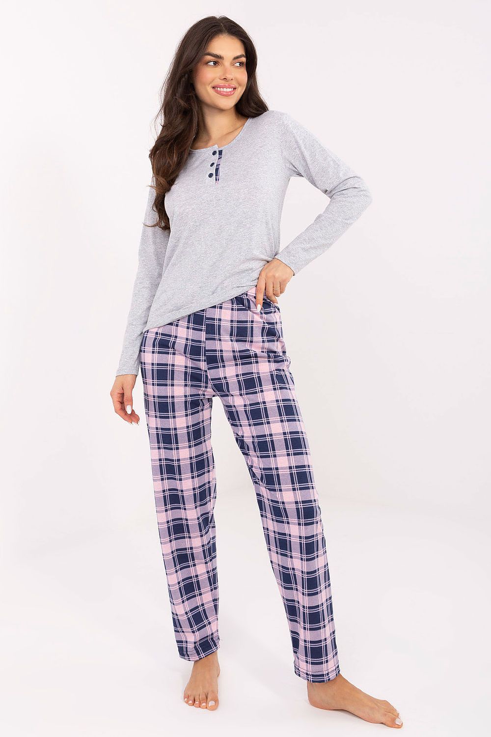 Elegant Women's Cotton Pyjama Set by Forever Pink featuring a stylish blouse and chic pants in a classic check pattern, showcasing luxurious comfort for modern women.