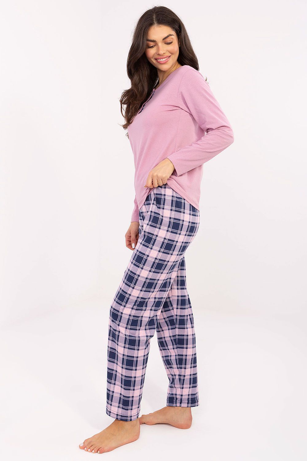 Close-up of the blouse detail from Forever Pink's Elegant Women's Cotton Pyjama Set, showcasing a round neckline and subtle button accents.