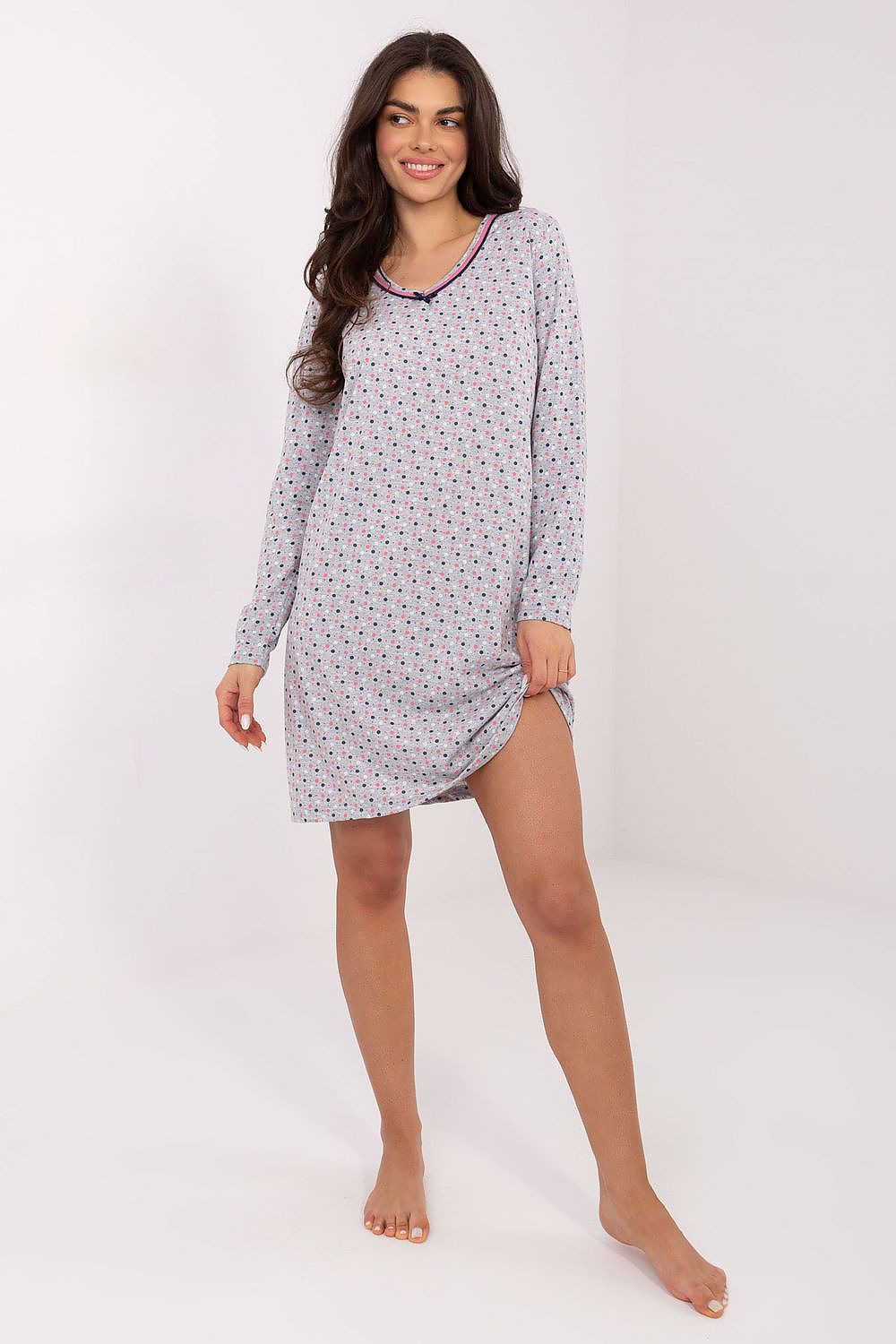 Elegant Luxury Cotton Nightgown by Forever Pink featuring a delicate lace V-neck design, showcasing its premium cotton fabric and sophisticated long sleeves.
