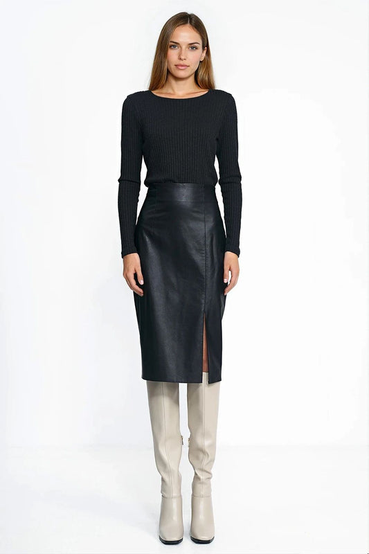 Nife's Luxury Eco-Leather Midi Pencil Skirt in a sophisticated setting, highlighting its flattering high waist and stylish side slit.