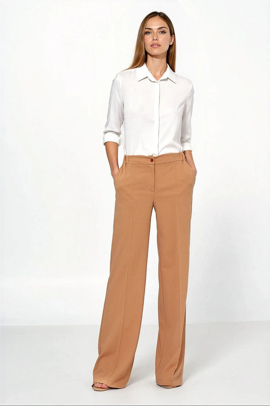 Luxury Caramel Loose Cut Trousers for Women by Nife, showcasing a sophisticated high-waisted design and loose cut for ultimate comfort.