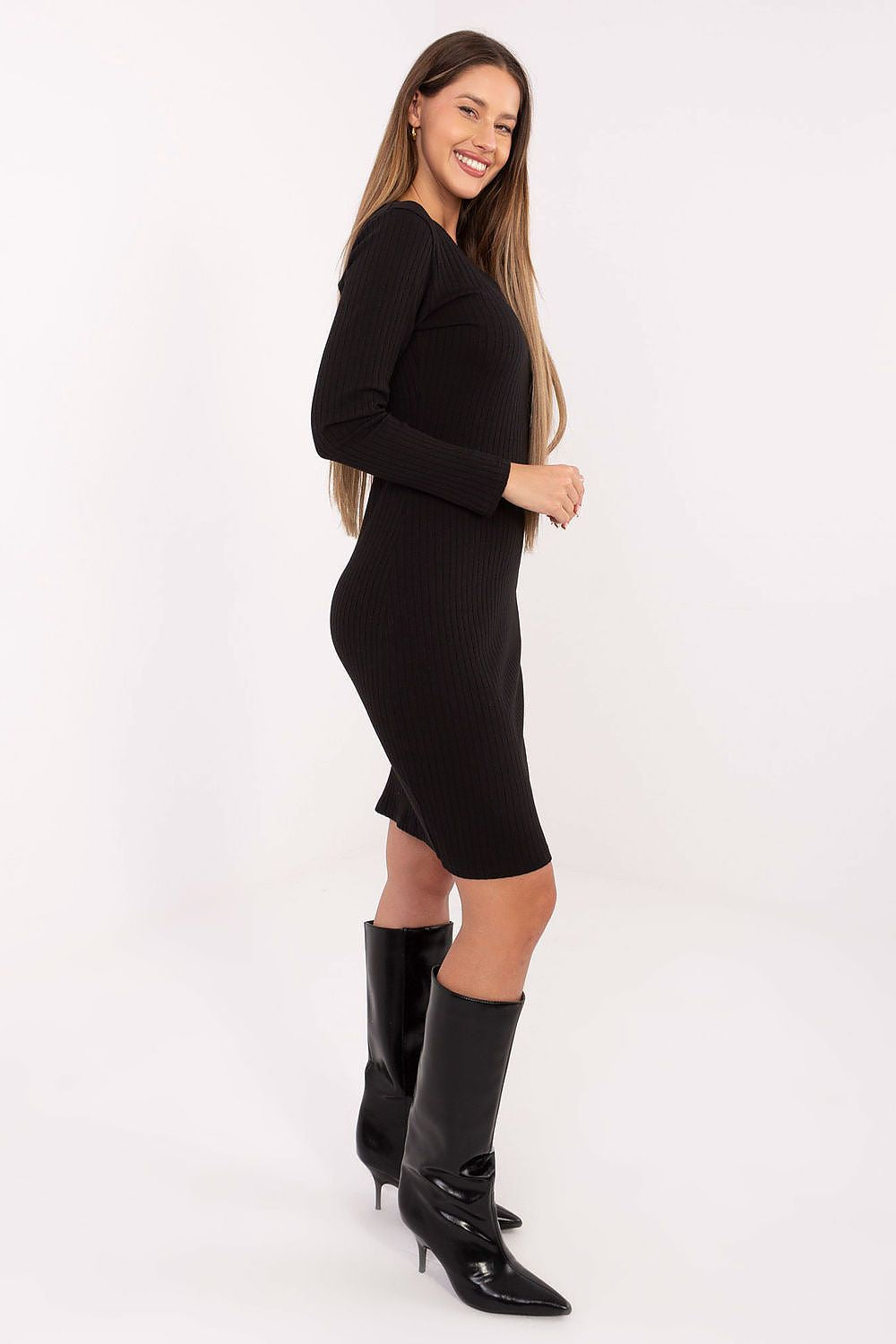 Close-up of the ribbed texture of the Elegant Everyday Pencil Dress by Rue Paris, highlighting the luxurious feel and excellent stretch for comfort.