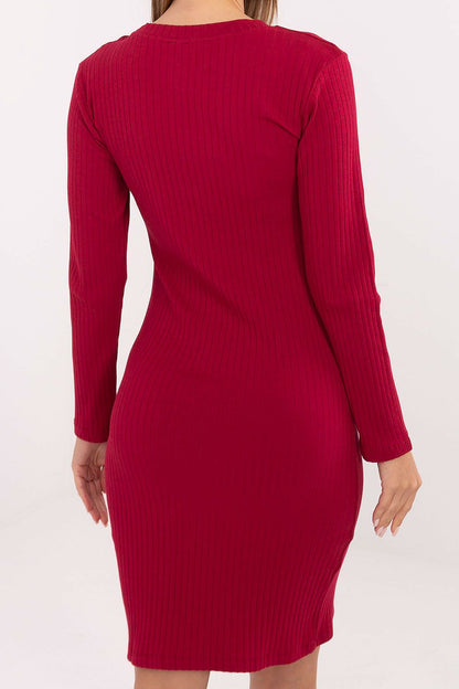 Model wearing the Rue Paris knee-length ribbed cotton pencil dress, highlighting its elegant design and flattering fit, perfect for day to night wear.