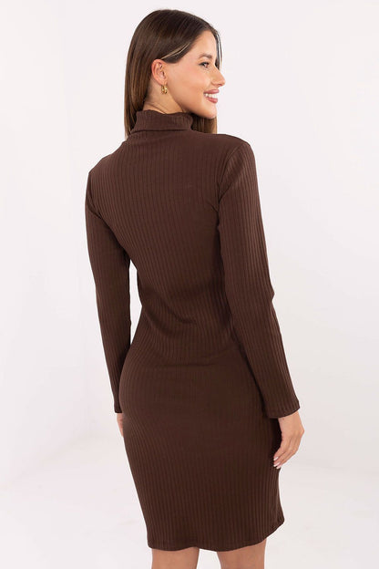 Model wearing Rue Paris’ Elegant Ribbed Cotton Turtleneck Pencil Dress, demonstrating its flattering fit and versatility for both casual and formal occasions.