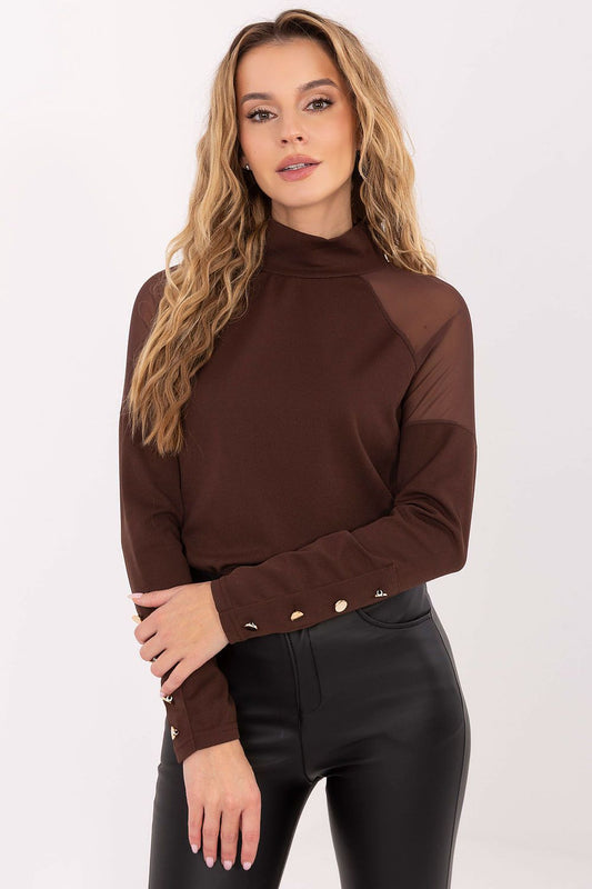 Elegant Rue Paris Blouse showcasing elegant mesh inserts and long sleeves, perfect for a sophisticated wardrobe.