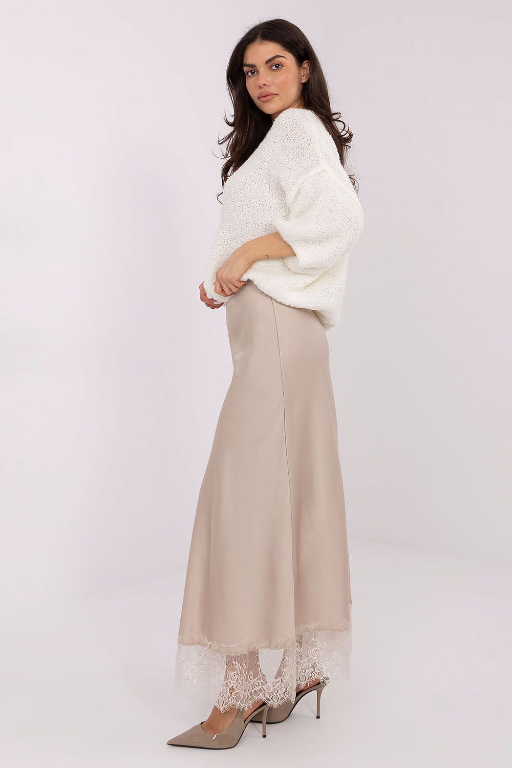 Back view of the Elegant Satin Maxi Skirt with Lace Detail from Rue Paris, emphasizing its flattering silhouette and comfortable design.