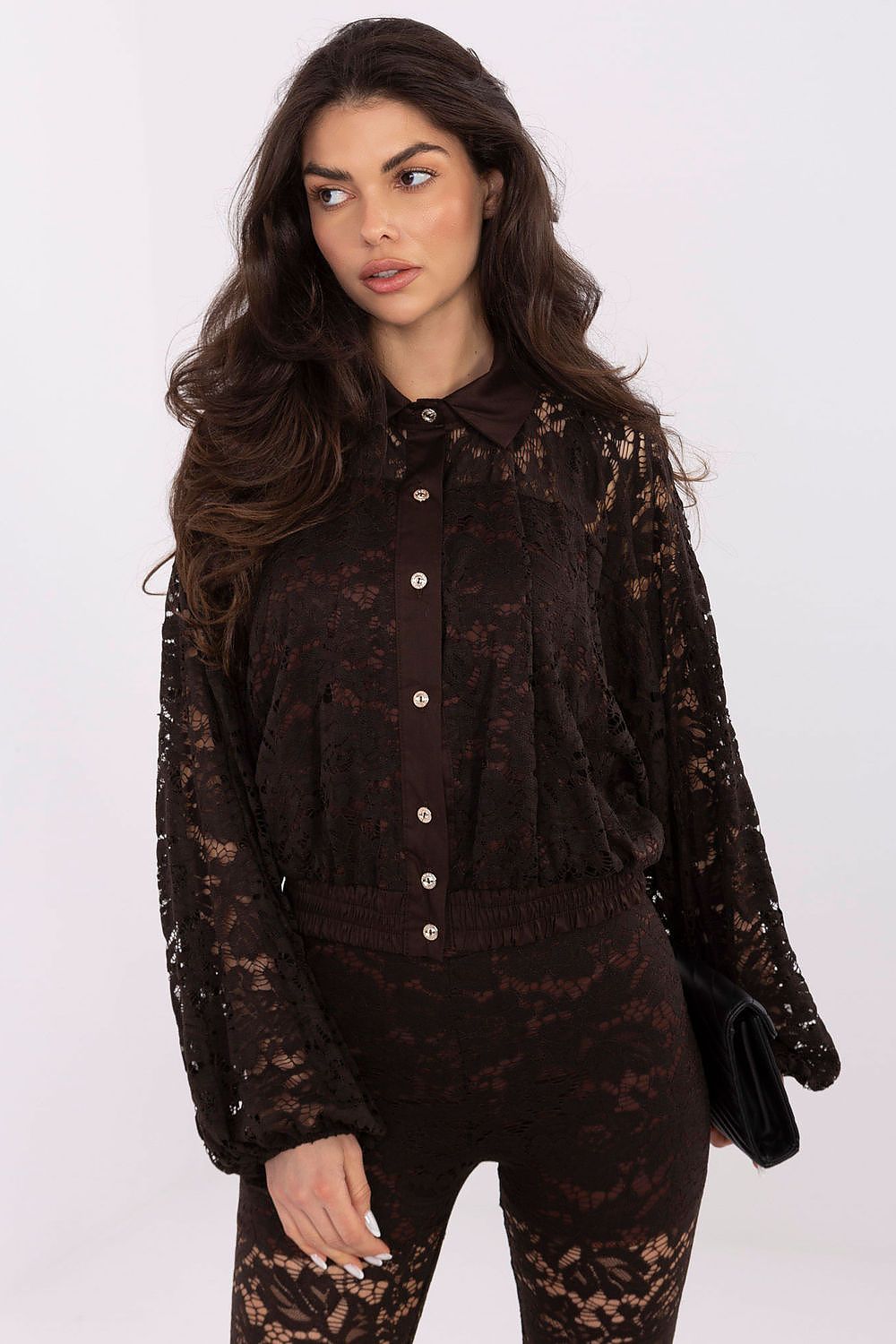 Elegant Women's Long Sleeve Lace Shirt by Italy Moda in exquisite lace detailing, perfect for formal and casual wear.