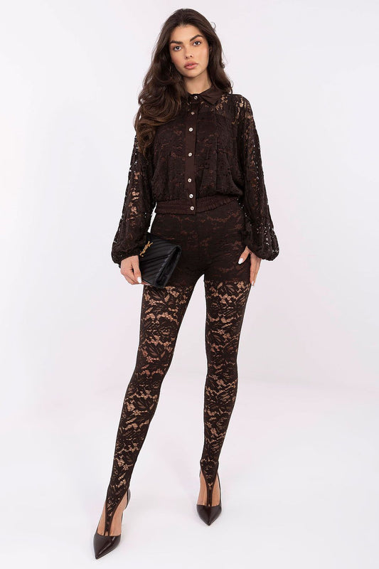 Stylish close-up of the Elegant Women's Long Sleeve Lace Shirt by Italy Moda showcasing intricate lace and chic design.