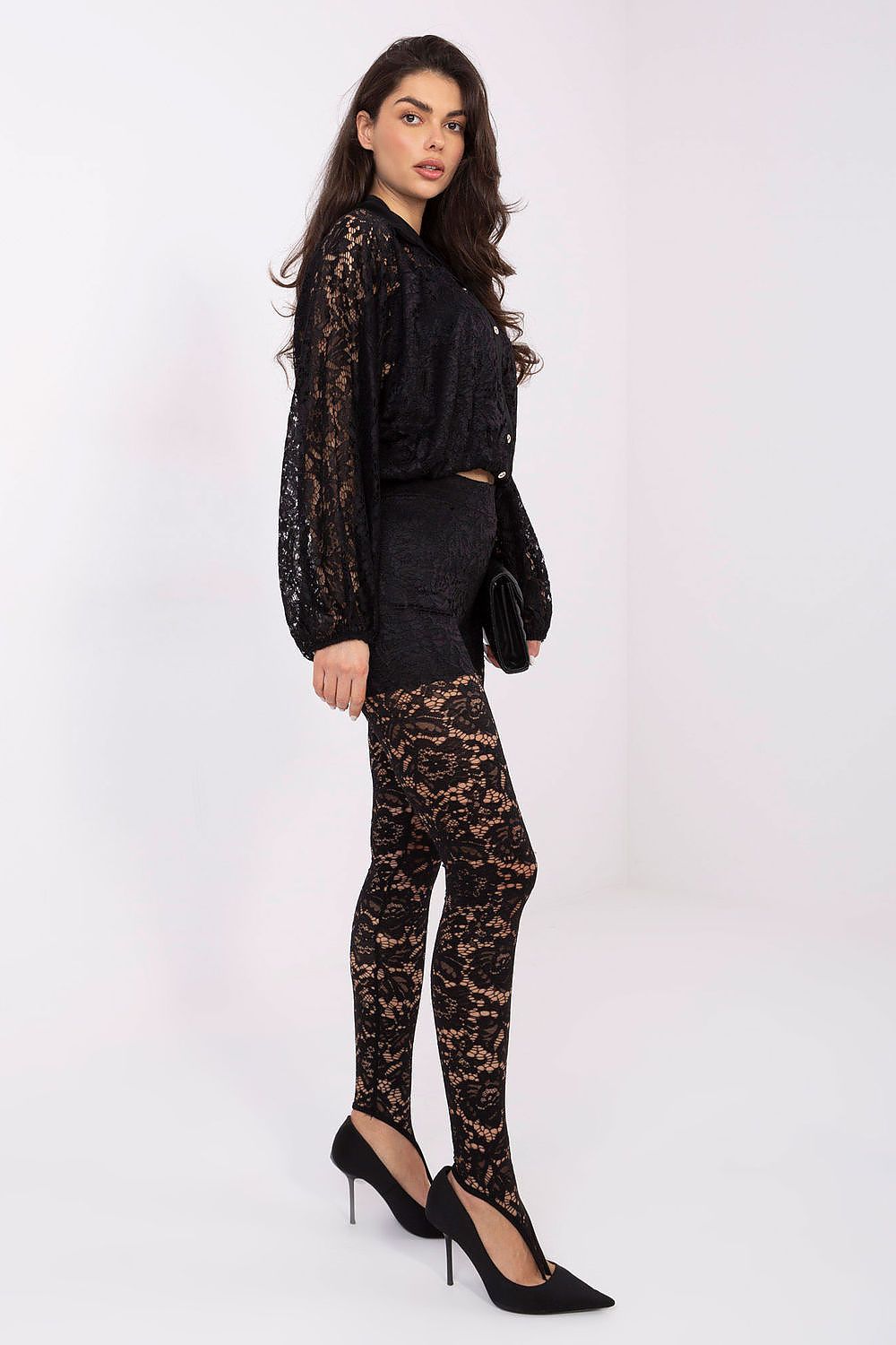 Luxurious long sleeve lace shirt by Italy Moda, showcasing a button-up front and delicate openwork pattern.