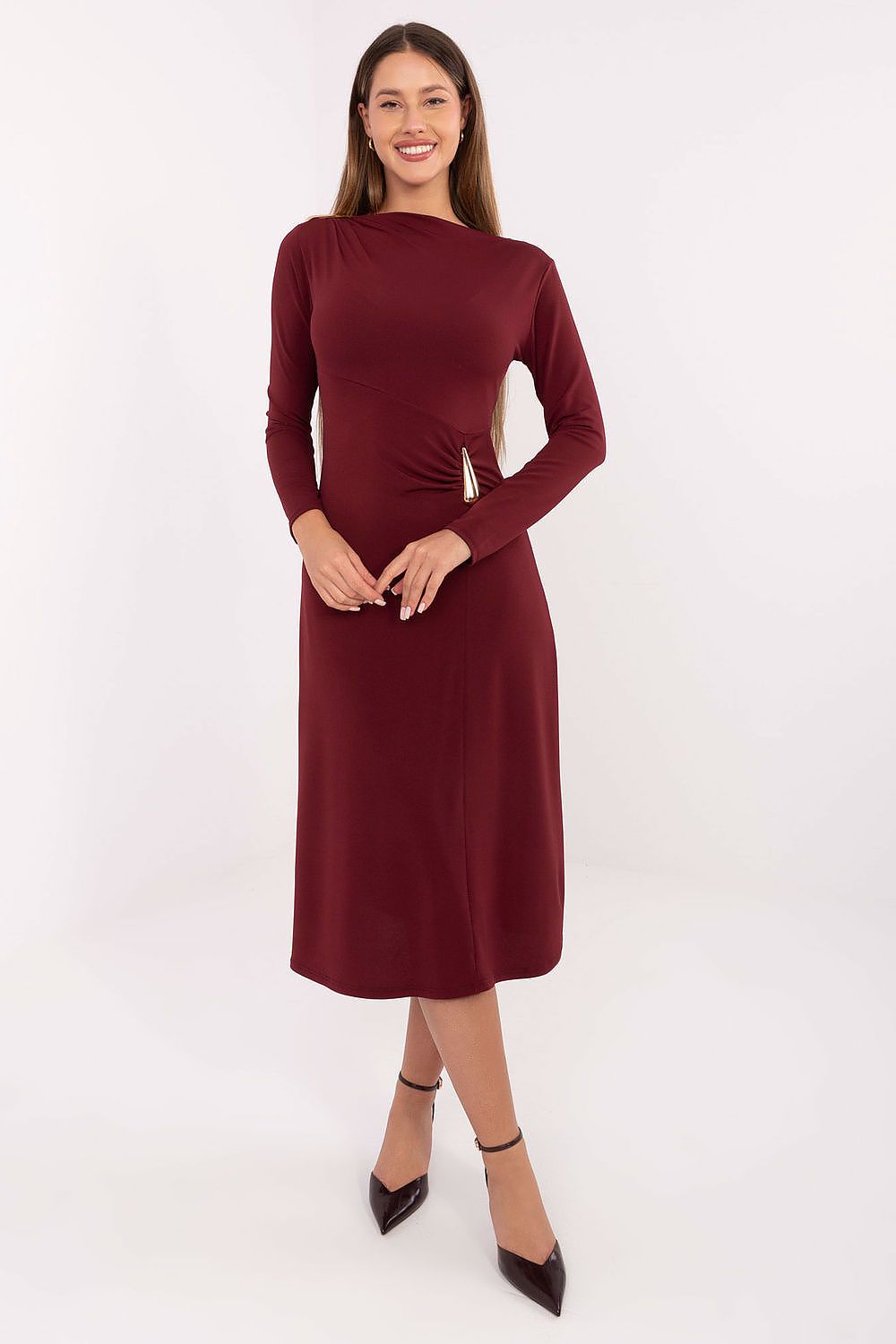 Elegant Midi Dress by Italy Moda showcasing a sophisticated boat neckline, long sleeves, and a timeless classic pattern in a breathable polyester and viscose blend, epitomising luxury fashion for modern women.