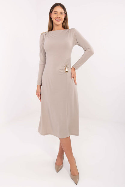 Elegant Midi Dress by Italy Moda, showcasing a sophisticated boat neckline and long sleeves, crafted from a comfortable polyester and viscose blend.
