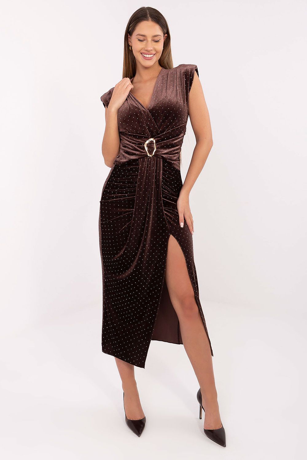 Elegant Midi Pencil Dress by Italy Moda featuring structured shoulder pads and a front slit, perfect for formal occasions.