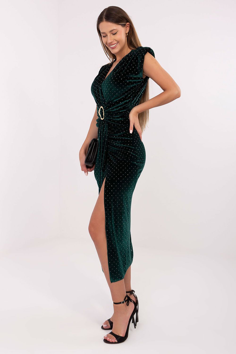 The sophisticated silhouette of the Midi Pencil Dress by Italy Moda, displaying its flattering figure-hugging shape and chic wrap neckline.