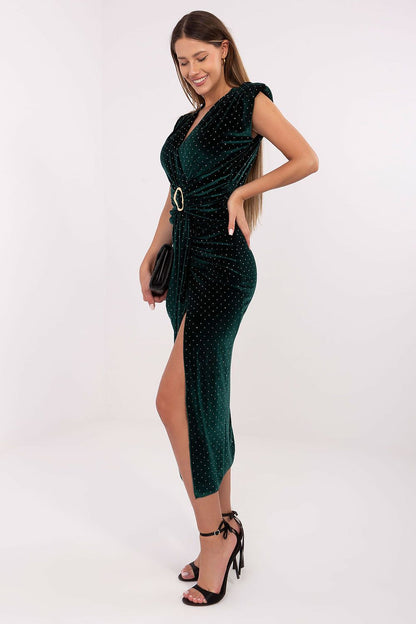 The sophisticated silhouette of the Midi Pencil Dress by Italy Moda, displaying its flattering figure-hugging shape and chic wrap neckline.