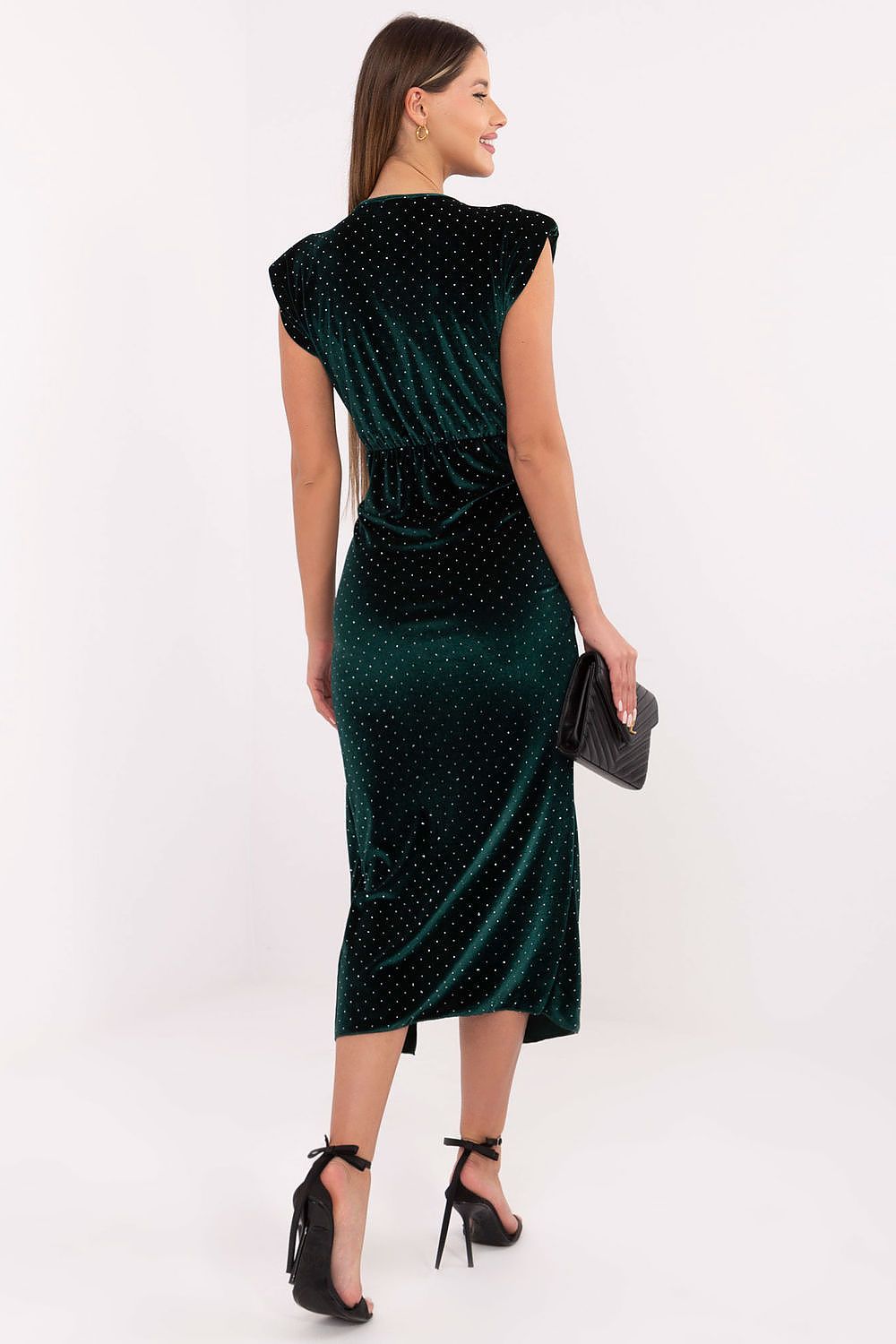 Full view of a model wearing the Midi Pencil Dress by Italy Moda, accentuating its elegant midi length and eye-catching front slit.