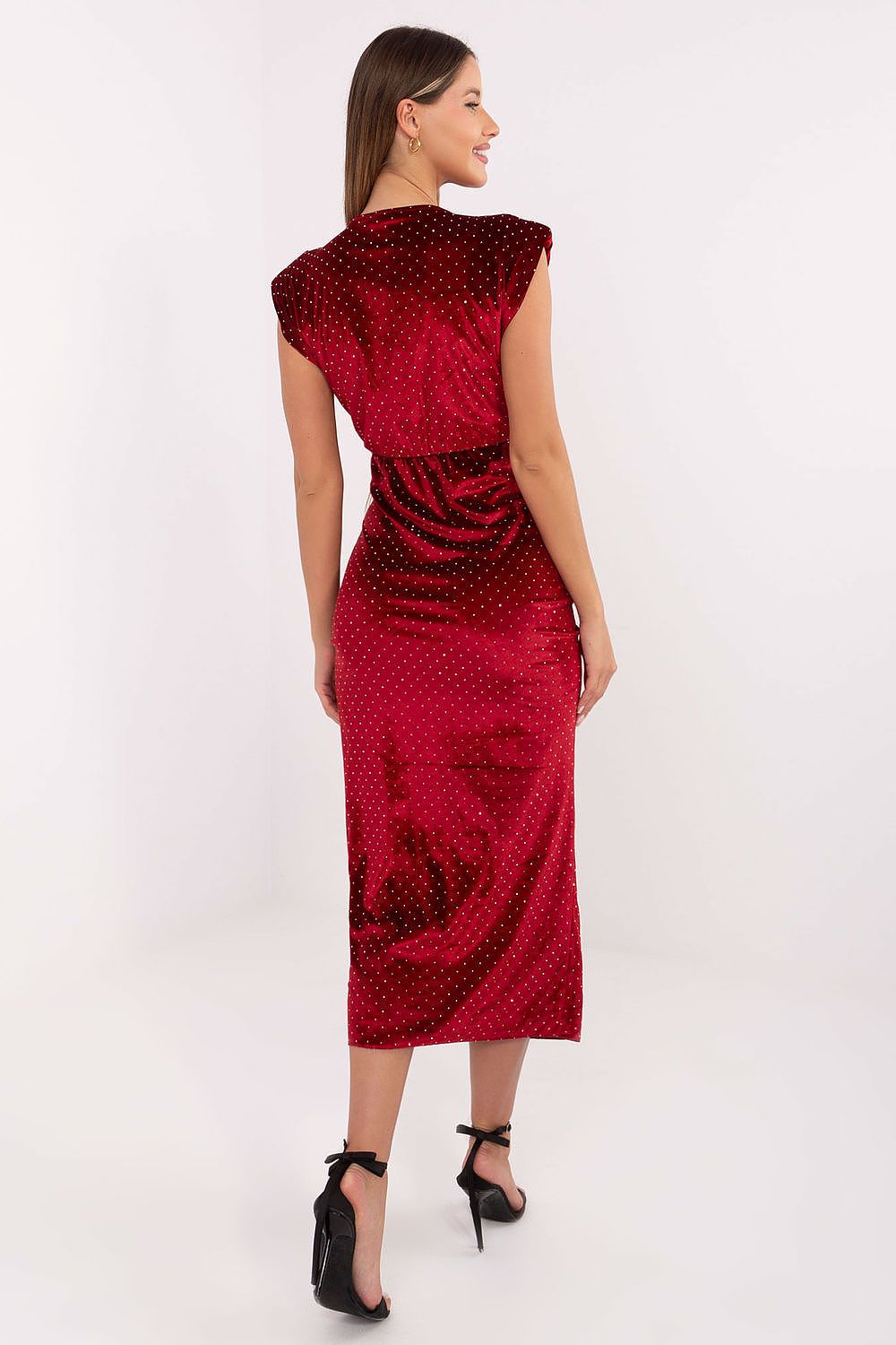 Close-up of the chic shoulder pads and front slit detailing of the Midi Dress by Italy Moda, highlighting high-fashion elements.