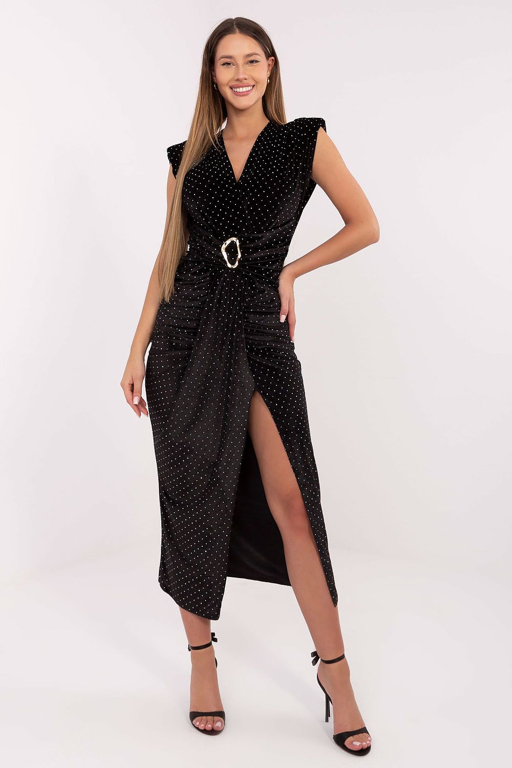 Model wearing the Elegant Midi Pencil Dress from Italy Moda, demonstrating the flattering fit and eye-catching design for formal events.