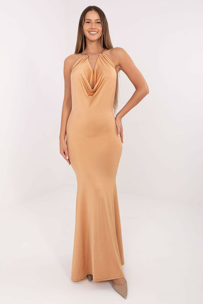Elegant Sleeveless Maxi Dress by Italy Moda showcasing a mermaid cut and unique neck fastening, perfect for formal occasions.