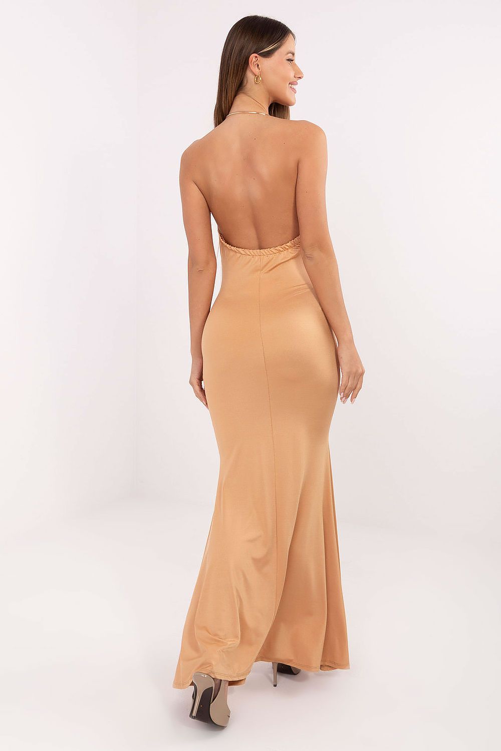 Elegant Sleeveless Maxi Dress by Italy Moda showcasing luxurious mermaid cut and unique neck fastening, perfect for formal events.