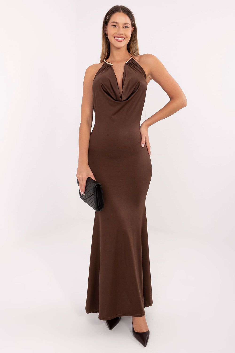 Flattering Mermaid Cut of the Elegant Sleeveless Maxi Dress by Italy Moda, designed to enhance your silhouette while ensuring comfort and elegance.