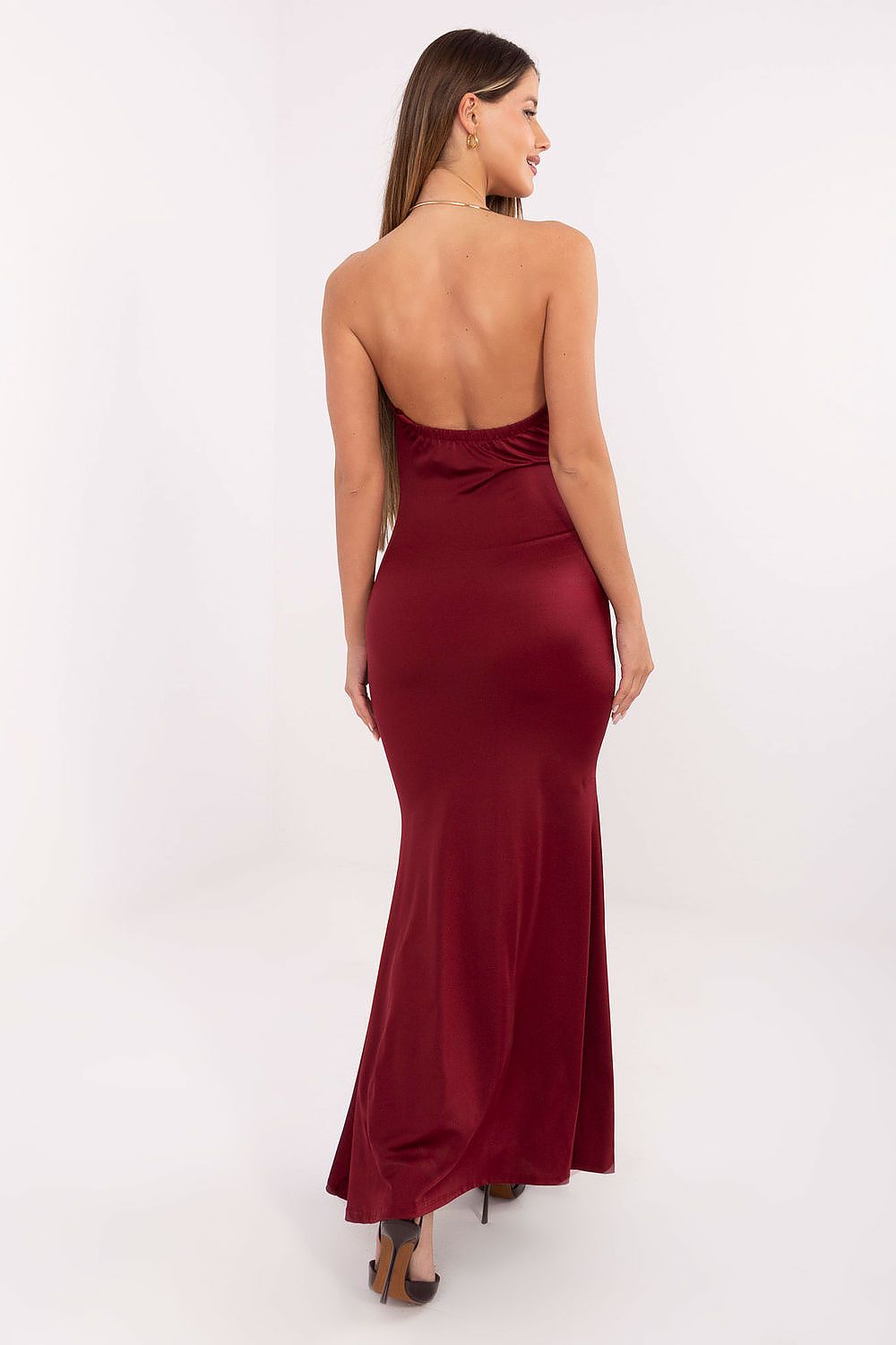 Sleek and sophisticated mermaid maxi dress showcasing deep neckline, designed for elegance by Italy Moda.