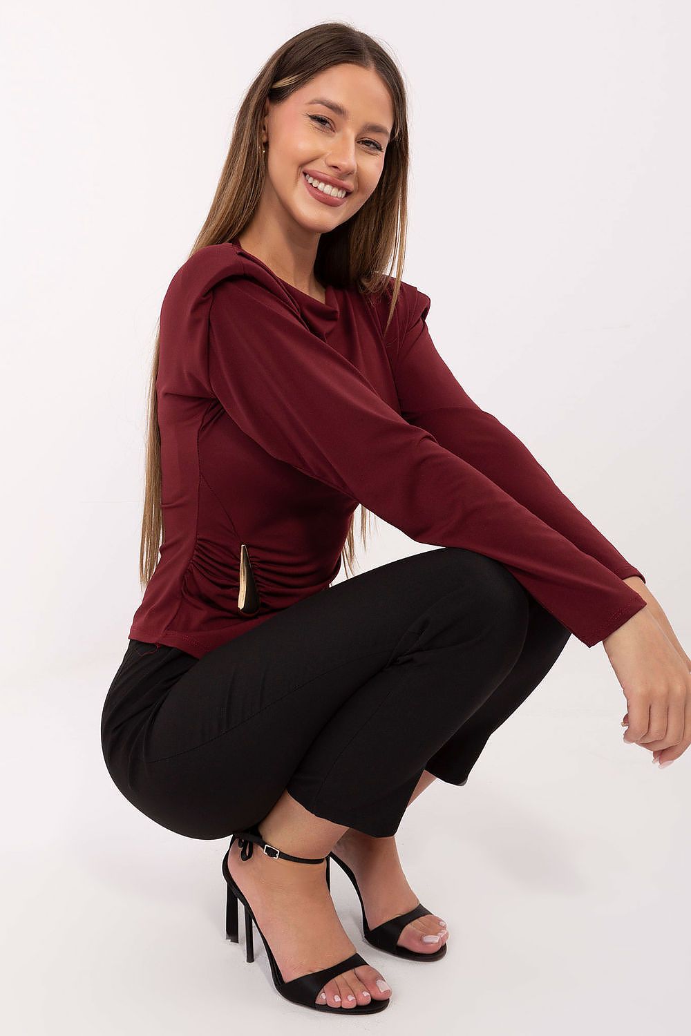 Luxurious long sleeve blouse by Italy Moda with a flattering boat neck and modern shoulder pads, designed for women who appreciate elegance and comfort.