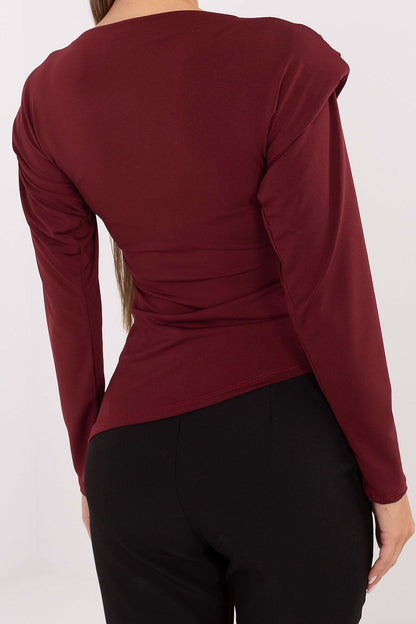 Elegant long sleeve blouse by Italy Moda with boat neck design and ruching details, perfect for women seeking luxury fashion.