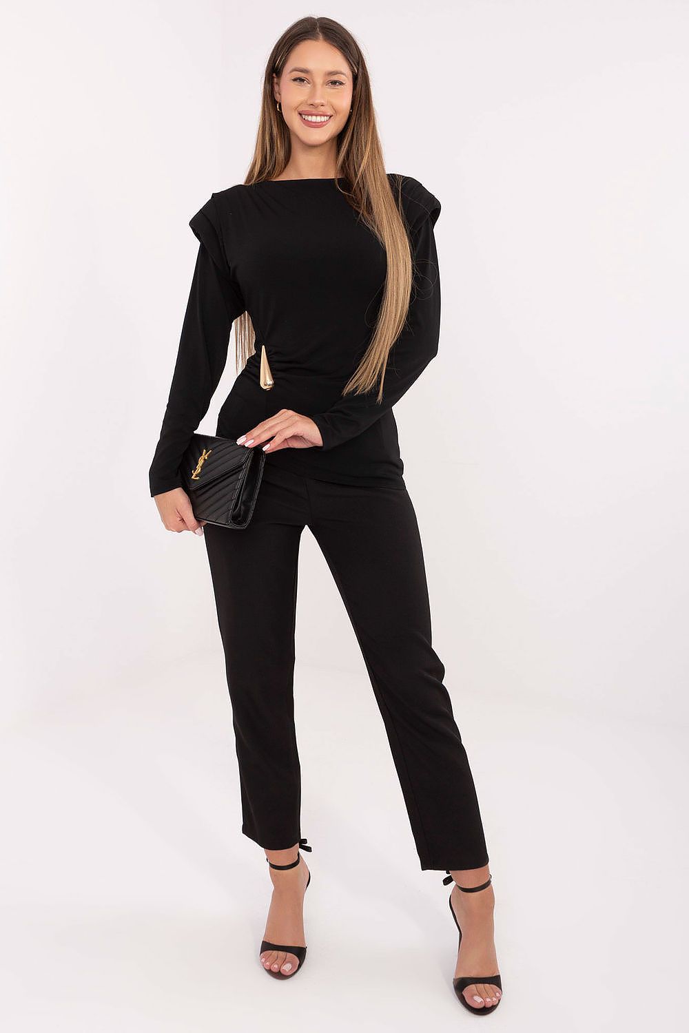 Model wearing the elegant long sleeve blouse from Italy Moda in a chic setting, demonstrating versatility in both formal and casual wear.