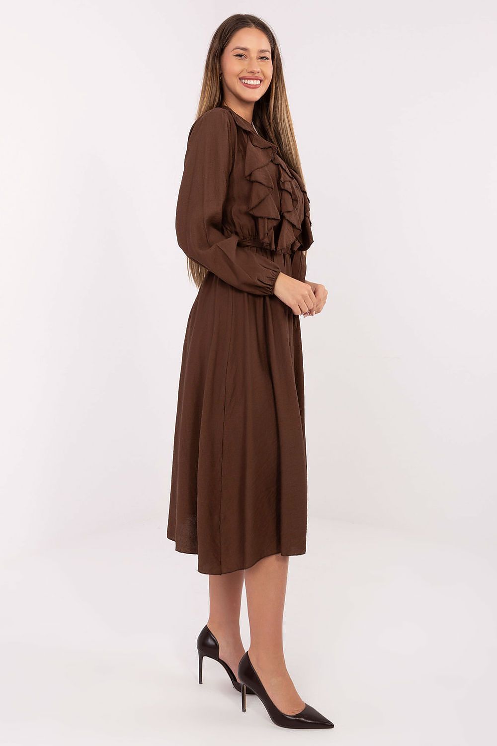 Elegant Midi Shirt Dress in Viscose by Italy Moda featuring a flared cut and long puffy sleeves, perfect for sophisticated occasions.