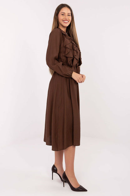 Elegant Midi Shirt Dress in Viscose by Italy Moda featuring a flared cut and long puffy sleeves, perfect for sophisticated occasions.