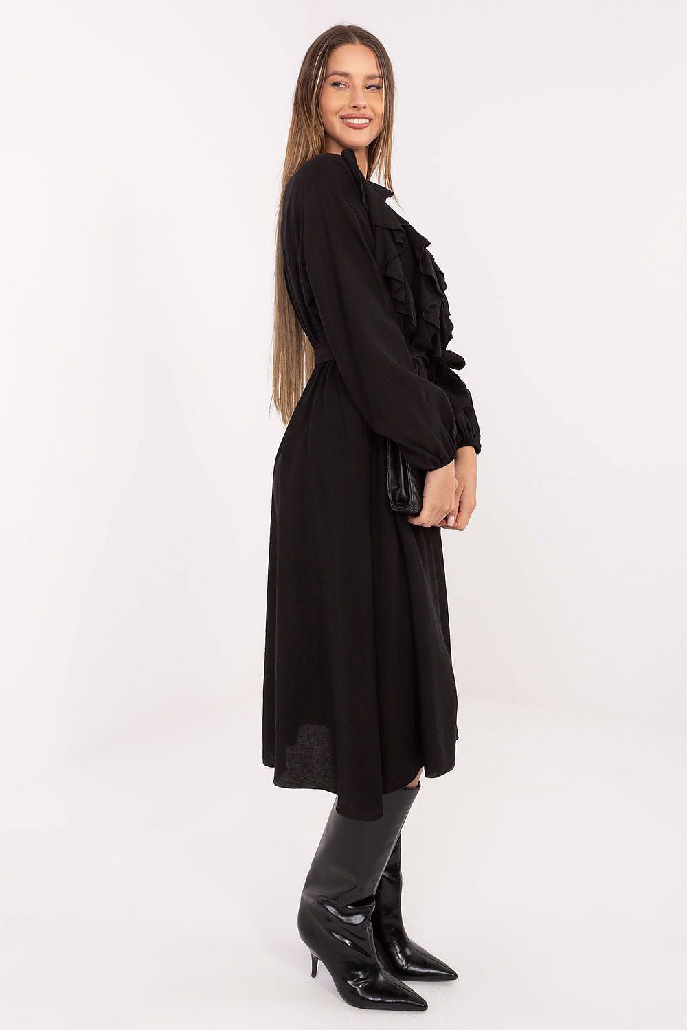 Elegant Midi Shirt Dress by Italy Moda displayed with tie belt, highlighting its flexible fit and stylish waist accent for a luxurious look.