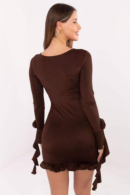 Close-up detail of the frills and decorative rose on the Elegant Evening Dress by Italy Moda, exemplifying feminine charm.