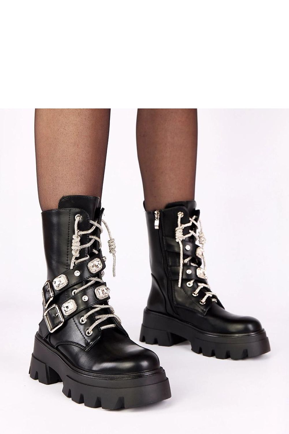 Elegant ankle boots by Solea featuring stylish zircon straps, round toe design, and a comfortable side zipper for easy wear.