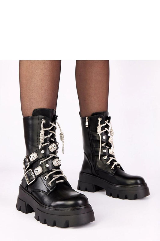 Elegant ankle boots by Solea featuring stylish zircon straps, round toe design, and a comfortable side zipper for easy wear.