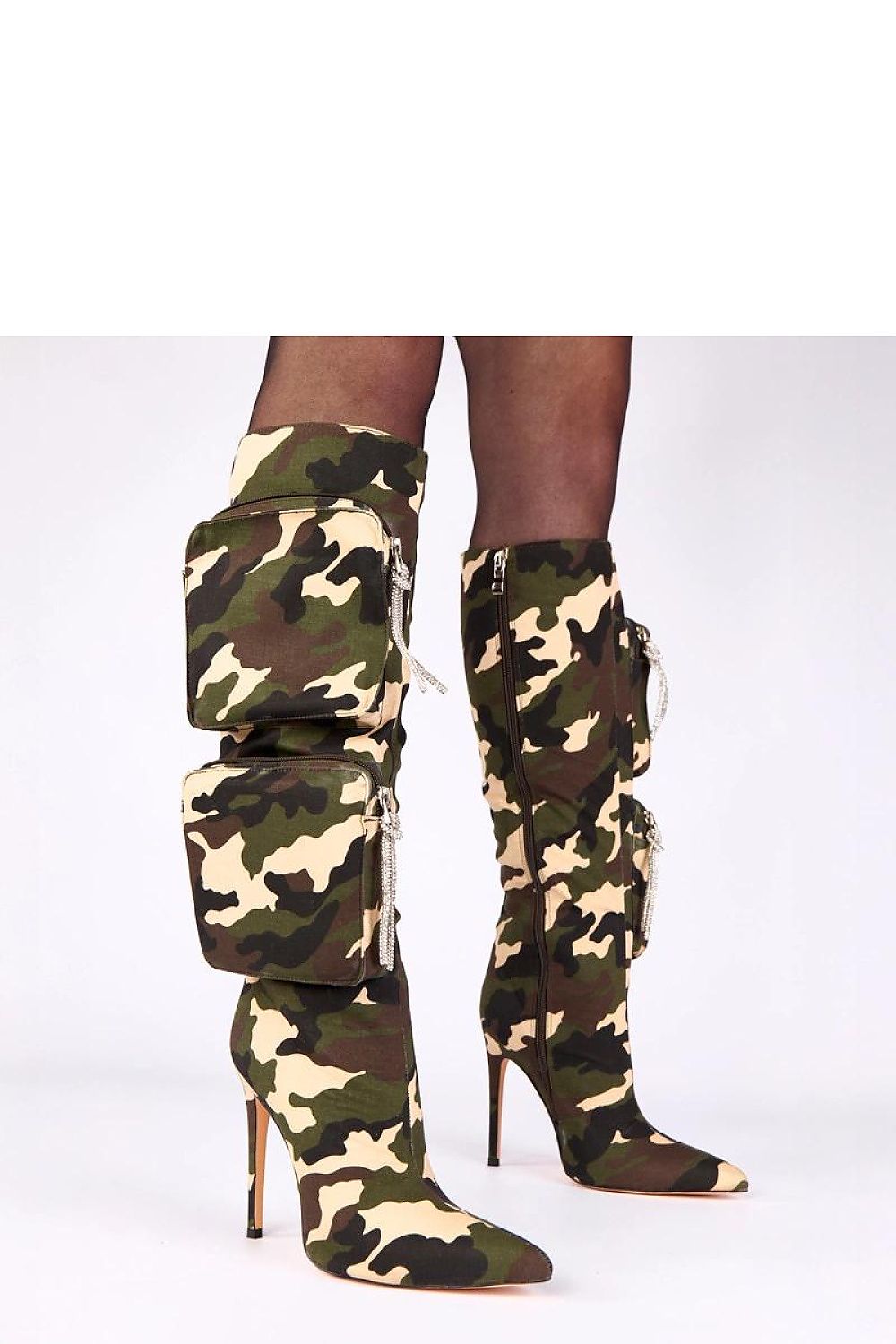 Solea Camouflage Knee-High Heel Boots for Women showcasing elegant 11.5cm heels with a chic military-inspired design featuring decorative pockets.