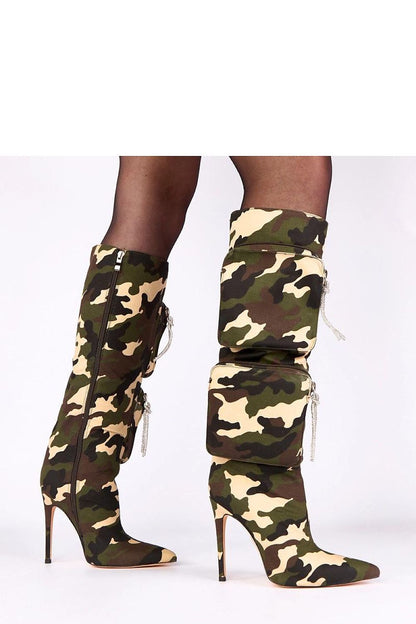 Close-up view of Solea Camouflage Knee-High Heel Boots, highlighting the luxurious pointed toe design and high-quality fabric material.