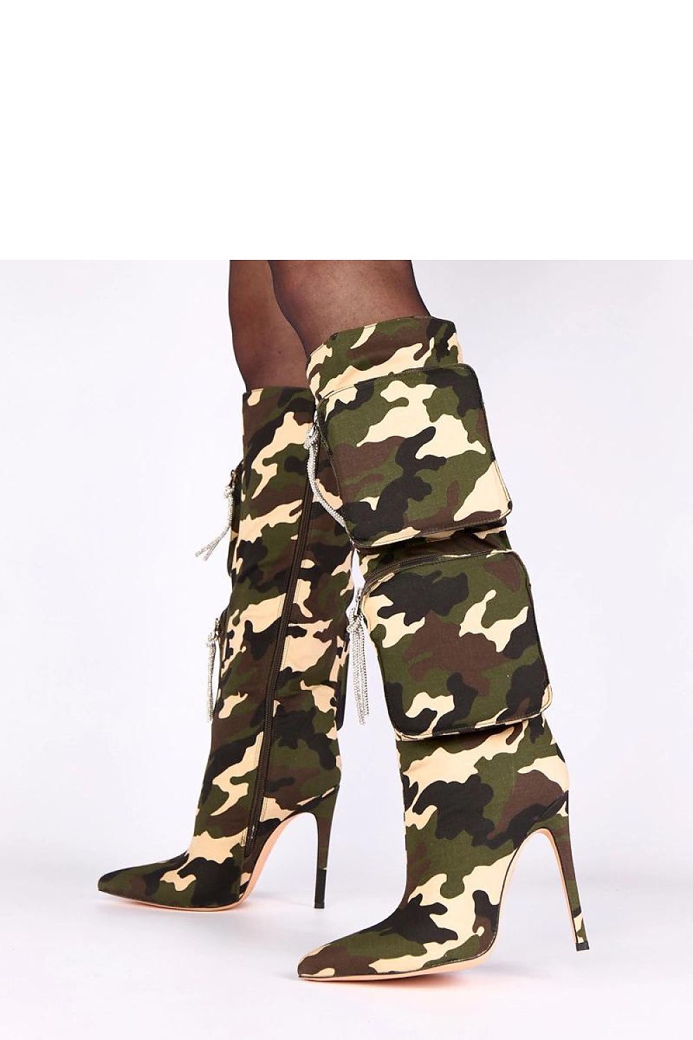 Full view of Solea Camouflage Knee-High Heel Boots for Women, accentuating the stylish 38cm high shaft and sleek zipper closure for an effortless fit.